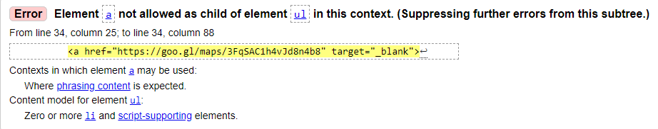 hyperlink is not allowed as child of the ul element