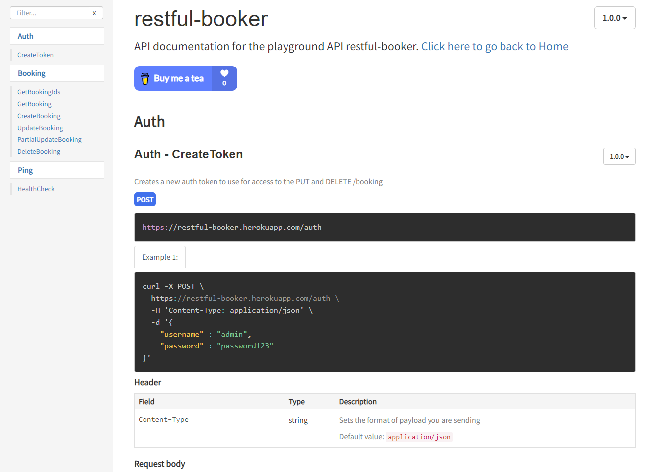 Restful Booker API documentation example