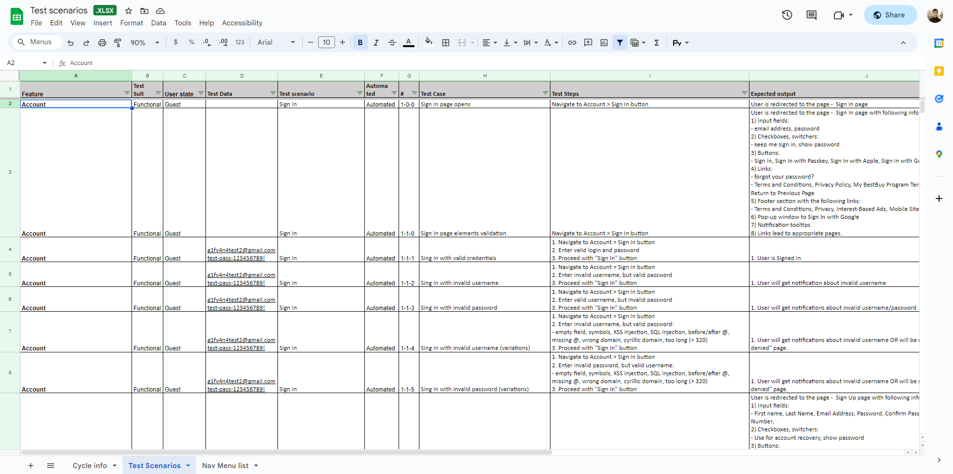 Selenium IDE test scenarios excel sheet examples