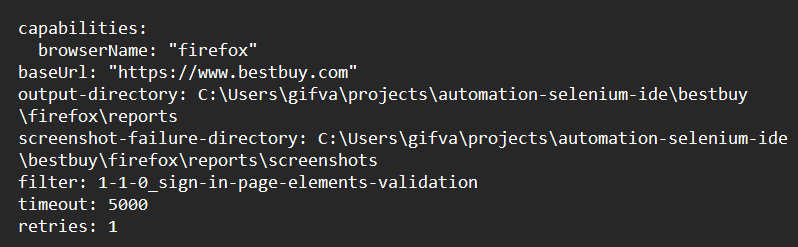 Selenium IDE yaml configuration example
